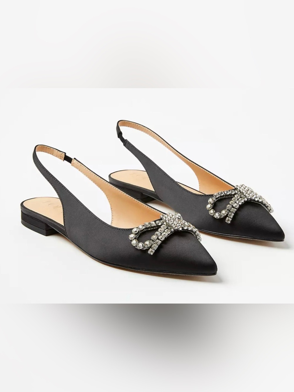 NEW ANN TAYLOR LOFT BLACK CRYSTAL BOW SATIN SLINGBACK FLATS SHOES SZ 6